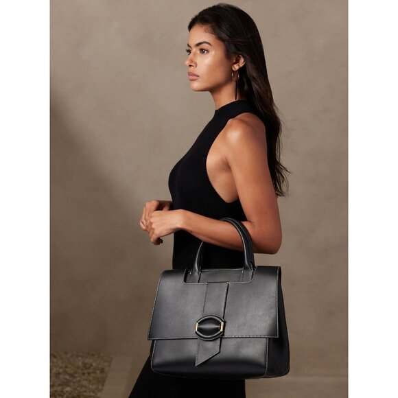 BANANA REPUBLIC Black Women Pebbled Leather Silva Top-Handle Bag Tote MSRP $490 - Picture 1 of 12